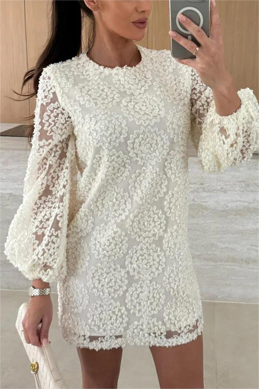 2025 European and American  new love attention lace textured fabric balloon sleeves loose mini dress