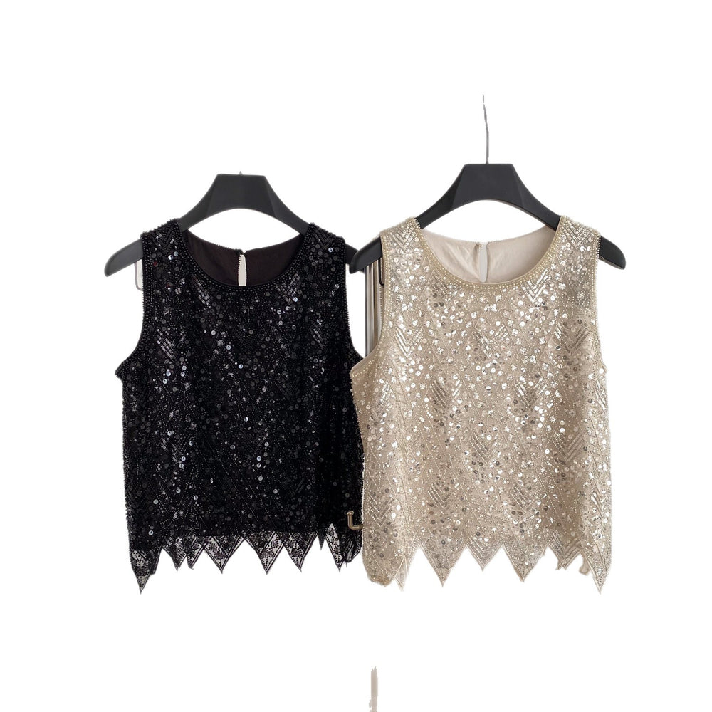 Korean style commute chic: heavily beaded sequin vest - women's v-neck single-breasted light luxury design vest, elegant top