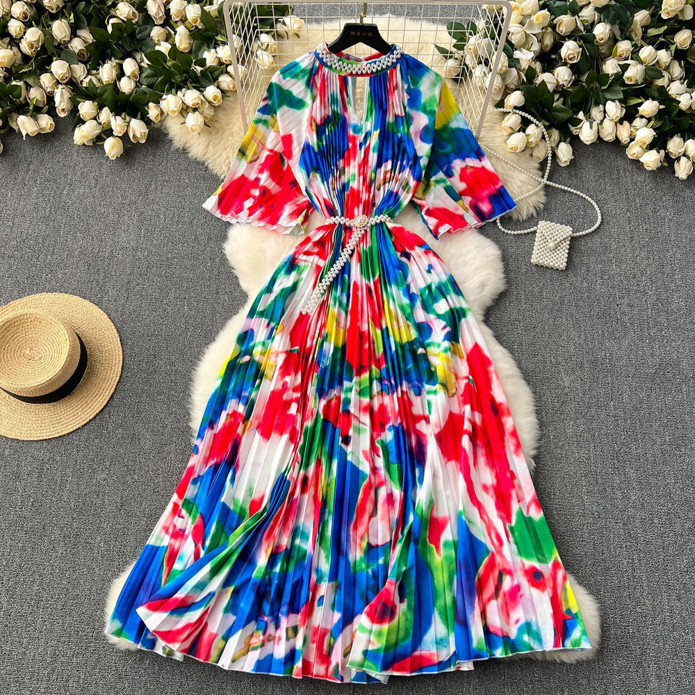 European and american high-end elegant dress - new women's beaded round neck short sleeve cinched waist loose pleated printed maxi dress