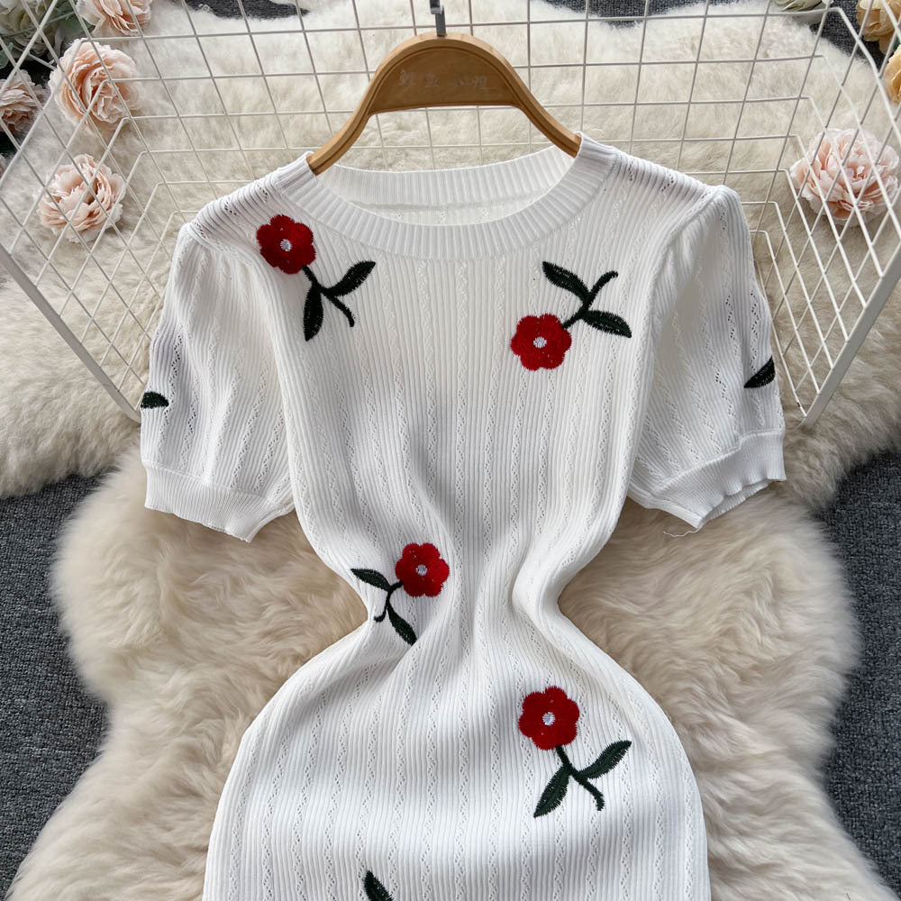 Summer dress: elegant embroidered rose knit dress - french style short sleeve, modern chinese style bodycon maxi dress