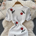 Summer dress: elegant embroidered rose knit dress - french style short sleeve, modern chinese style bodycon maxi dress