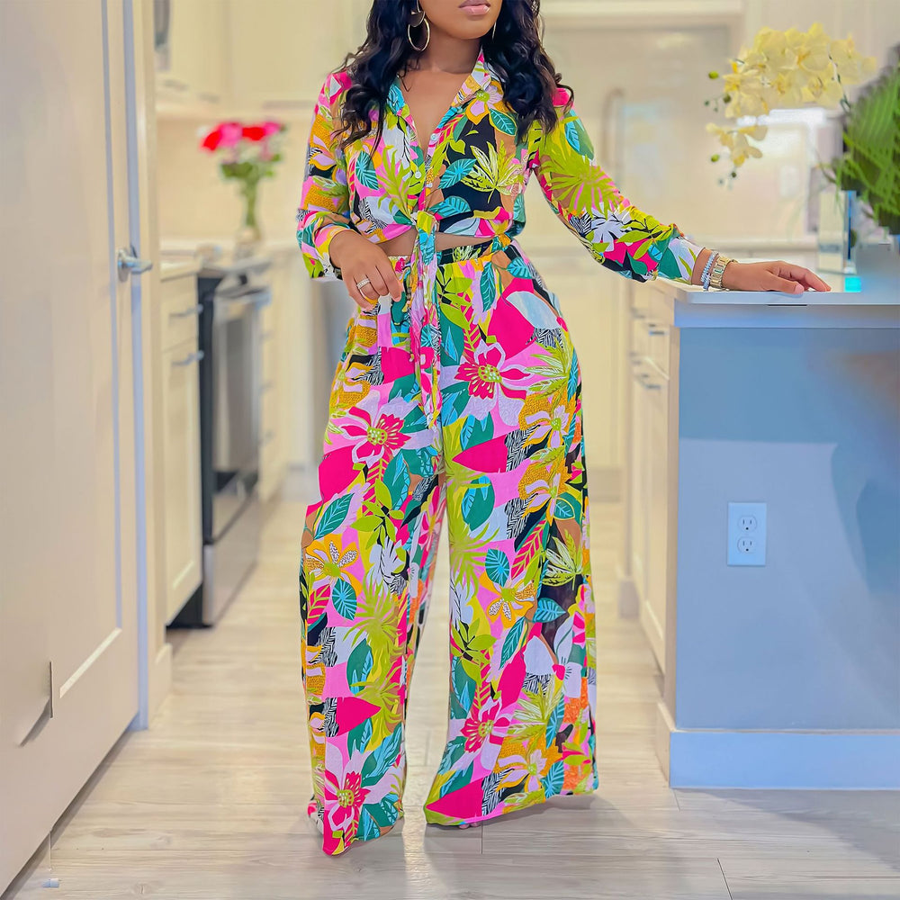 C8597  new arrival women's fashion printed two-piece set: collared tie-front shirt and wide-leg pants outfit