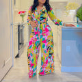 C8597  new arrival women's fashion printed two-piece set: collared tie-front shirt and wide-leg pants outfit