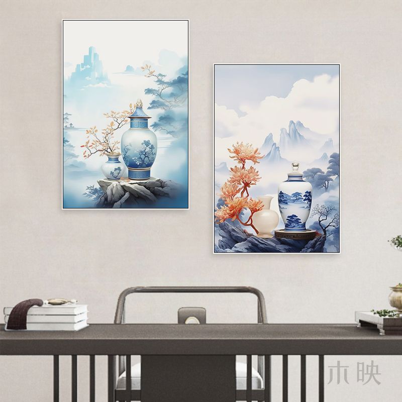 Blue and white porcelain decorative painting vase porcelain ceramic new Chinese style living room hanging painting hotel hotel restaurant box Chinese style