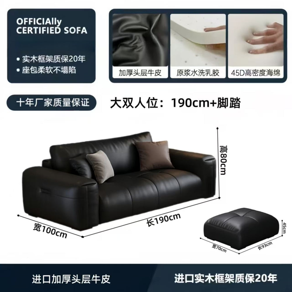 Italian minimalist genuine leather sofa, perfect for small apartments. black, top-grain cowhide, straight-row, high-end leather sofa for home living rooms