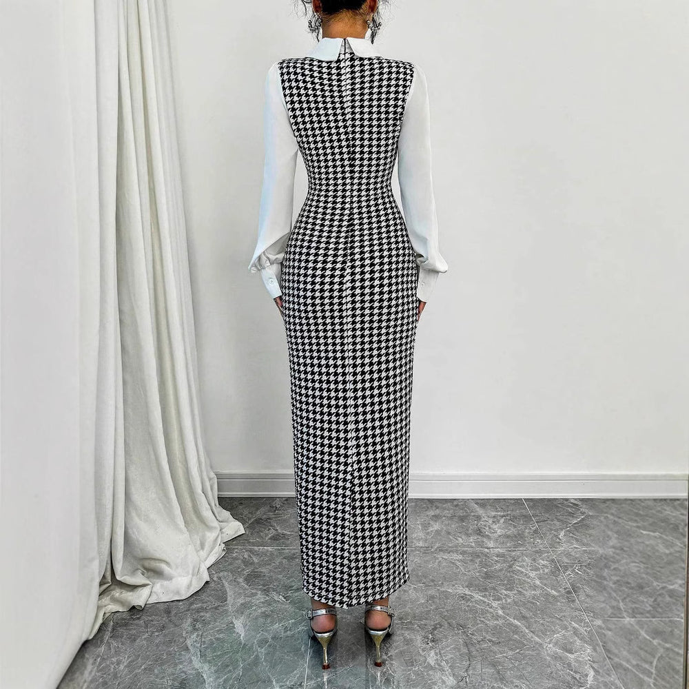Amazon slim-fit bubble sleeve dress - women's tk cross-border houndstooth bodycon maxi dress
