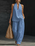 spring/summer hot seller: french chic halter v-neck open-back top & cool, comfortable, slimming wide-leg pant set