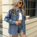 Fashion cross-border foreign trade women's clothing  independent station new washed loose leopard print color matching denim shirt tops