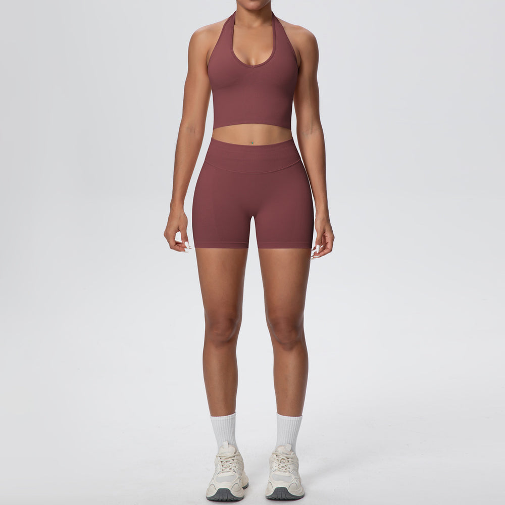 fashion seamless breathable halter back yoga suit running sports fitness yoga suit two-piece set for women