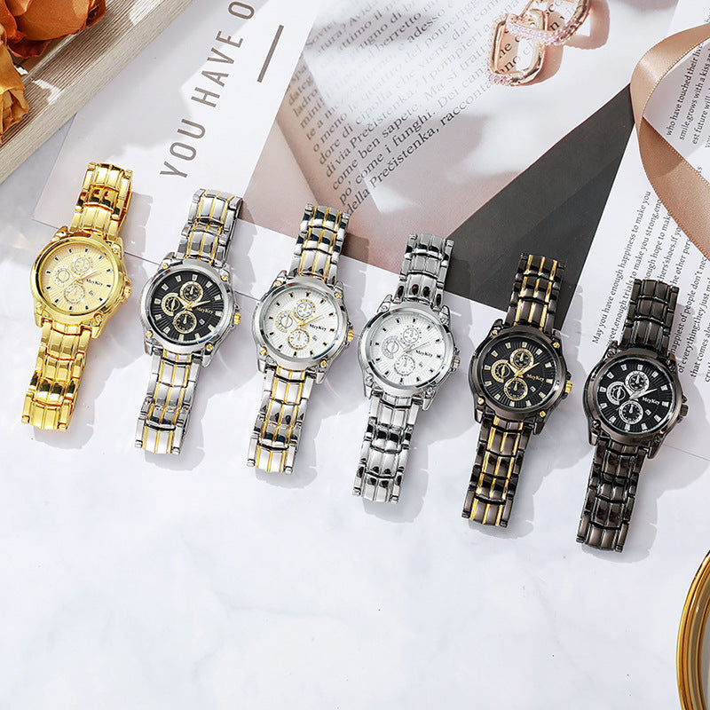 New arrival cross-border alloy couple steel band watch classic business three-eye large dial waterproof quartz watch manufacturer wholesale