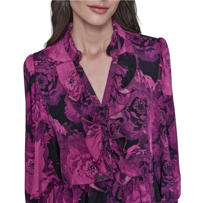 Amazon fashion pure desire v neckprintinglong sleevesshirt women's  spring new arrivalrufflestops women