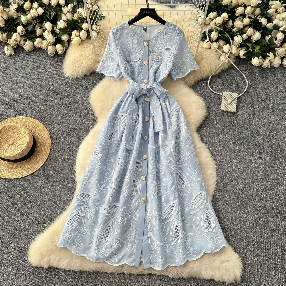 Summer frenchretroheavy industrycut outembroiderround neck waist short sleeve dress women's slimming look single breasted long skirt