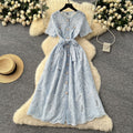 Summer frenchretroheavy industrycut outembroiderround neck waist short sleeve dress women's slimming look single breasted long skirt