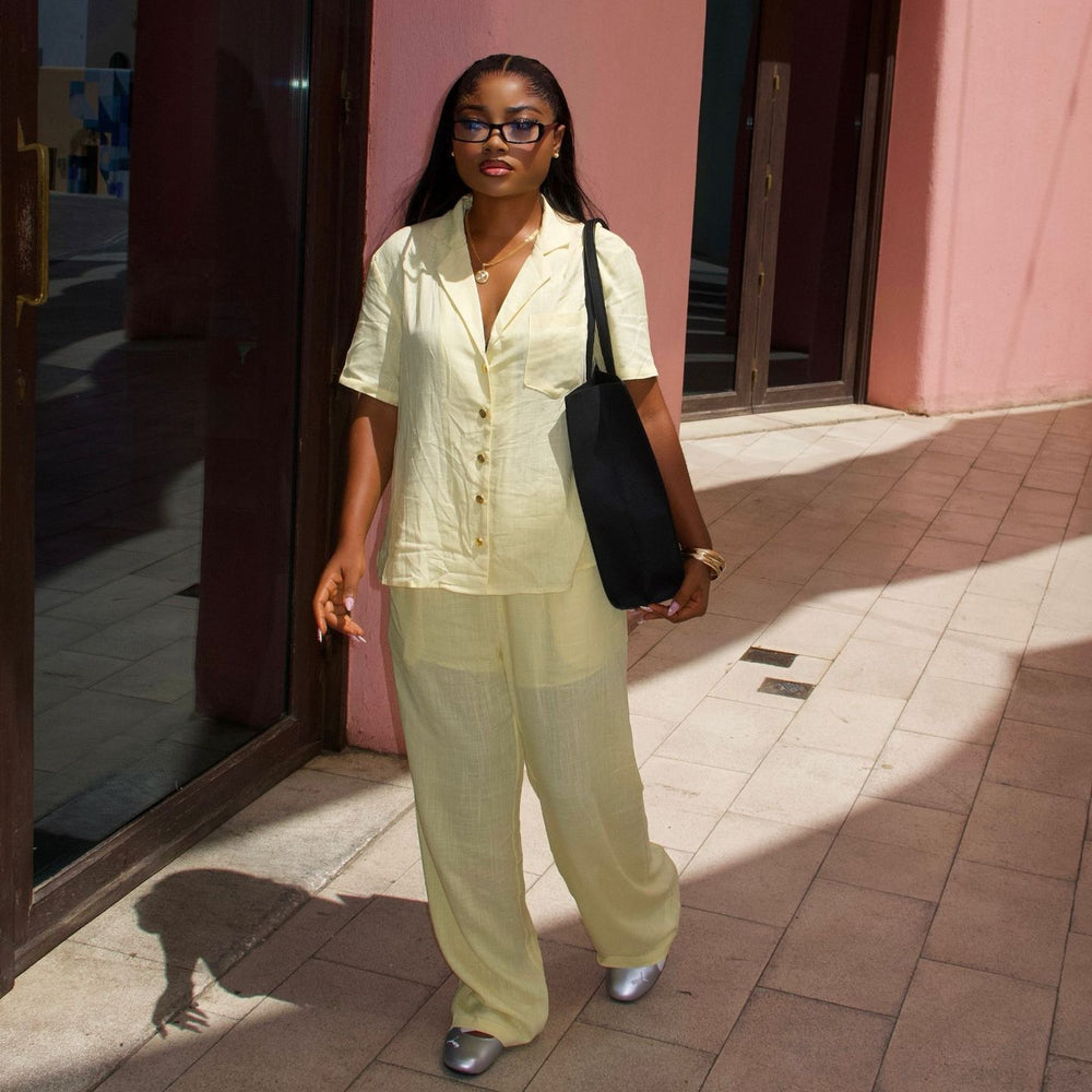 European and american cross-border women's fashion:  summer new arrivals - stylish, casual, loose-fit solid color short-sleeve shirt and high-waisted pants set