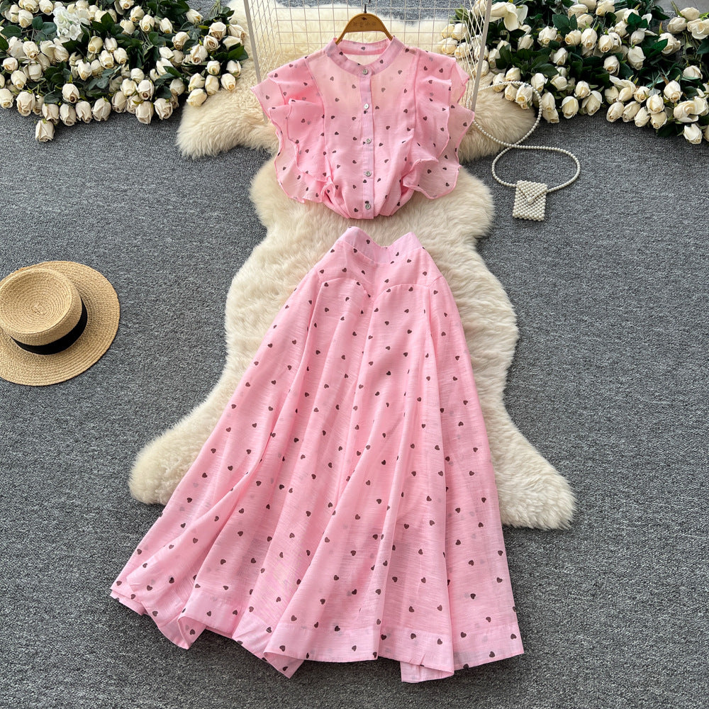 French chic two-piece set: women's gentle style round neck ruffle trim heart print top + high-waisted flared midi skirt