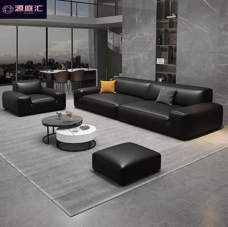Italian accessible luxury big black cow sofa living room luxury genuine leather sofa tofu block straight cat claw belt spring sofa