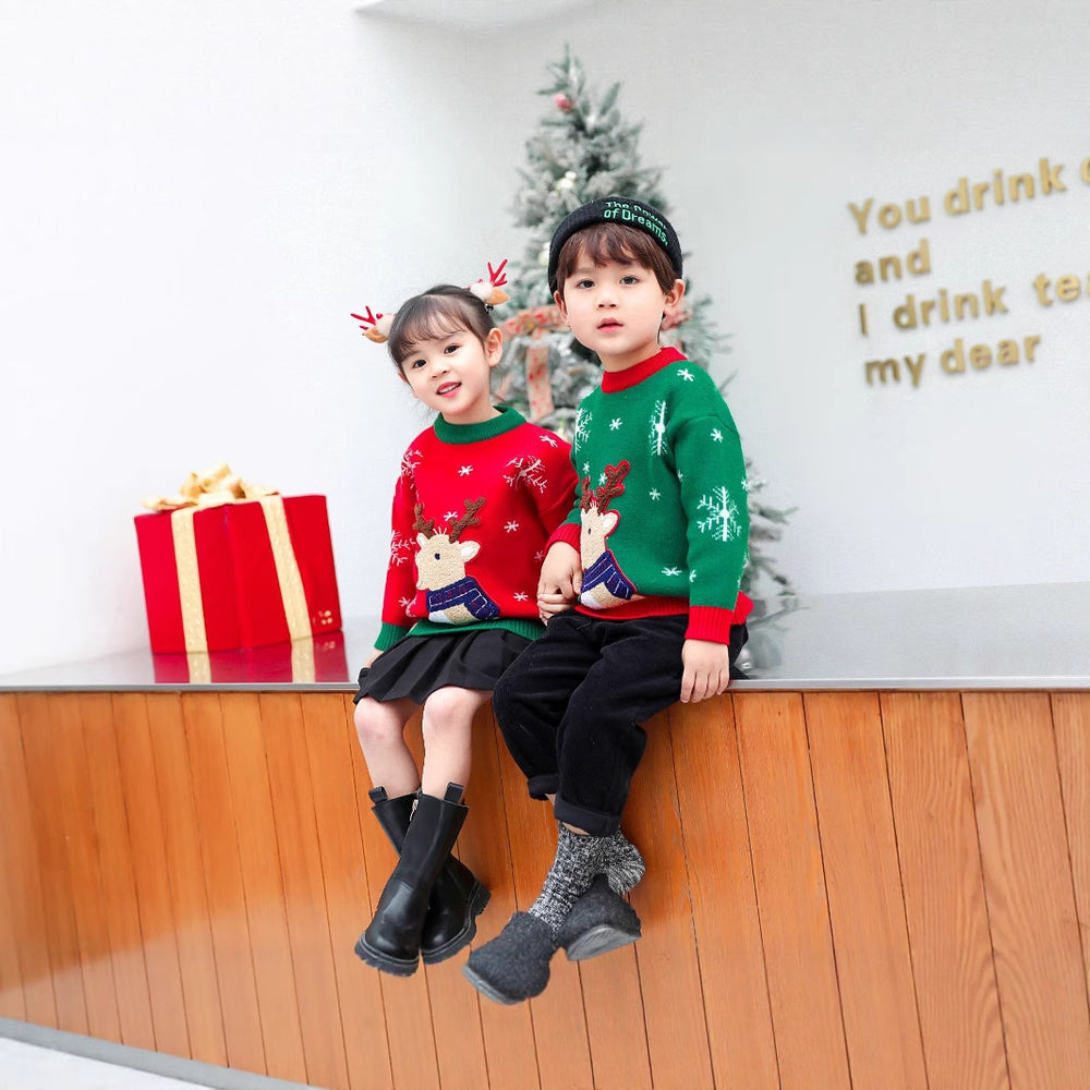 christmas fawn sweater for kids, fleece-lined and extra thick, chinese new year style, versatile knitted top for boys and girls