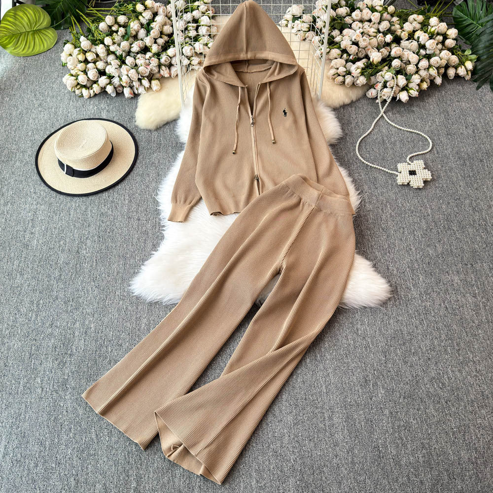 Women's casual knit set - autumn/winter versatile zip-up hoodie sweater jacket & high-waisted wide-leg pants two-piece outfit