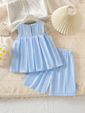 Summer fresh blue bow lightweight skirt suit