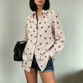 casual heart stripe shirt - vertical stripe red heart print, turn-down collar, puff sleeves, everyday versatile long sleeve