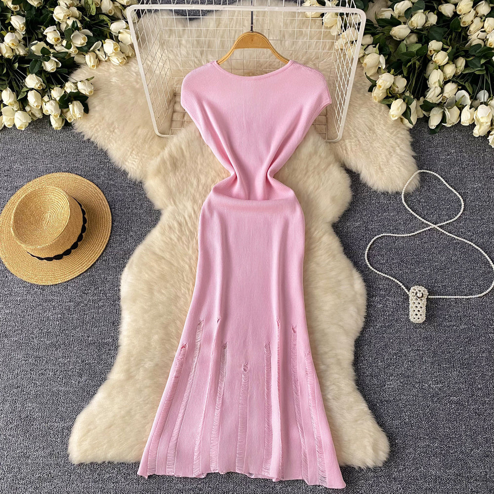 European and american style light luxury sleeveless knit dress - women's summer distressed design, unique and elegant maxi dress