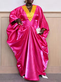 African plus size new loose v-neck batwing long sleeve dress, ruched waist, flared hem color block maxi dress