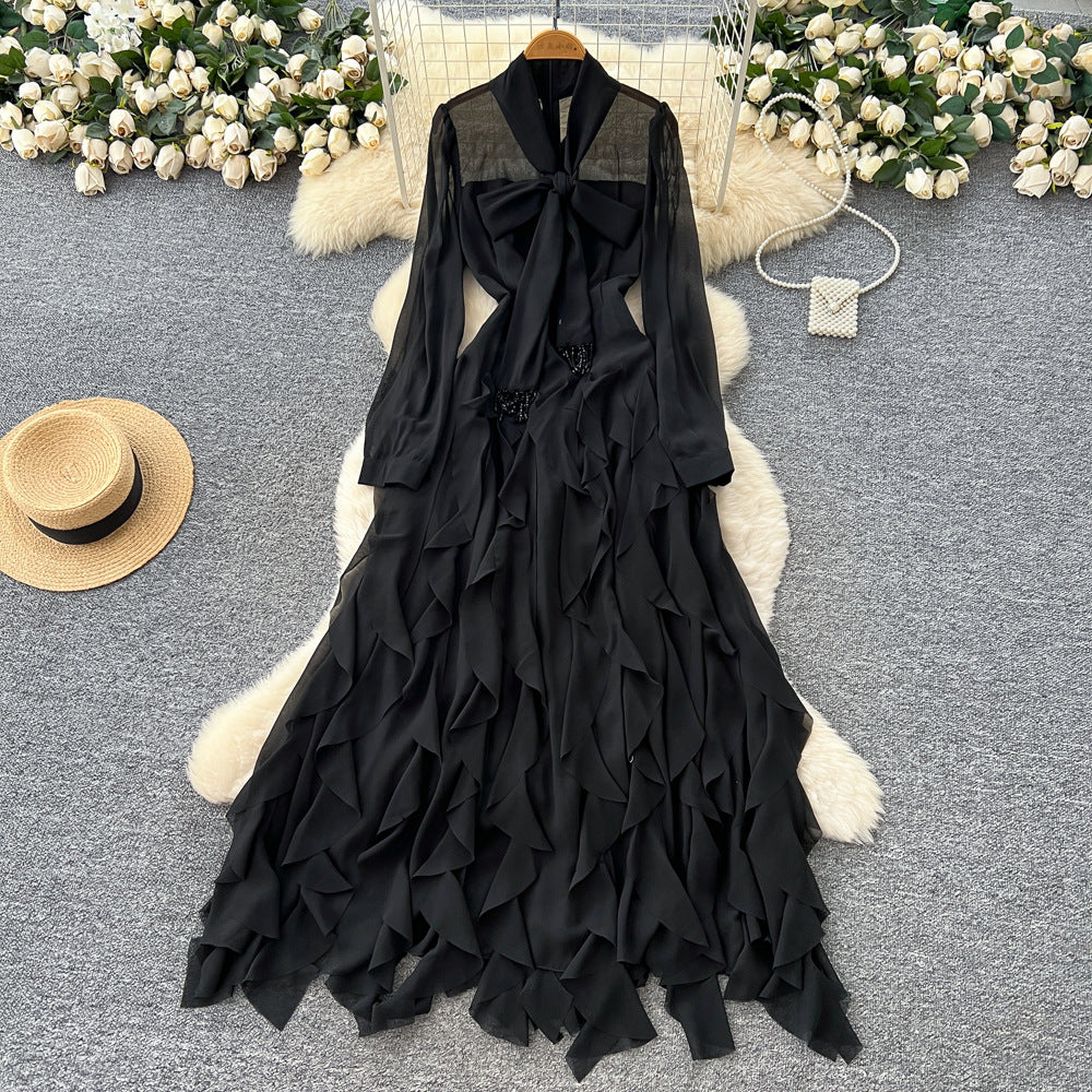 French chic bow-tie long sleeve ruffle hem dress - autumn slimming elegance