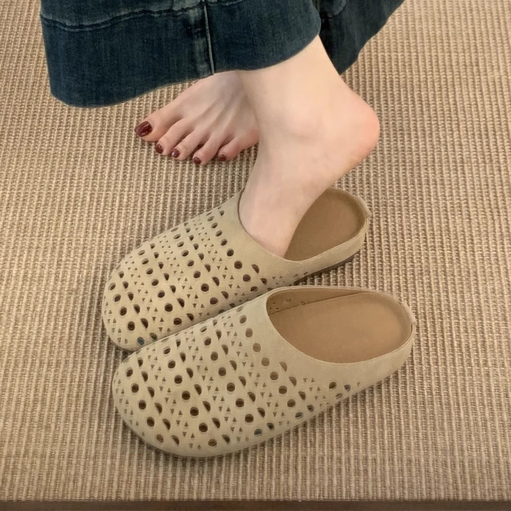 Retroniche stylecut out soft bottom birkenstock shoes women's toe-cap half drag 2026new arrivalniche style yellow lazy roman sandals
