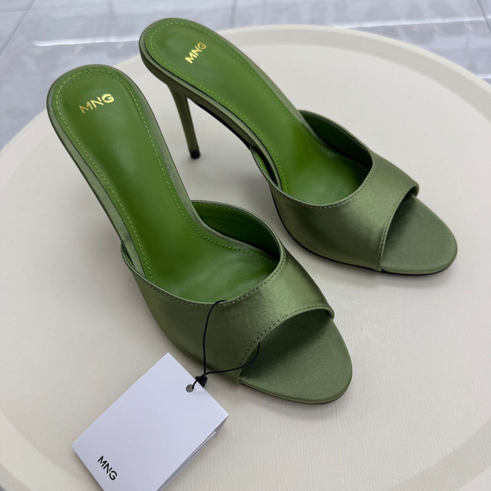 Mng green sandals: new summer 2026 collection - satin open-toe high heels, stiletto heel, and thong sandals for women's outdoor wear