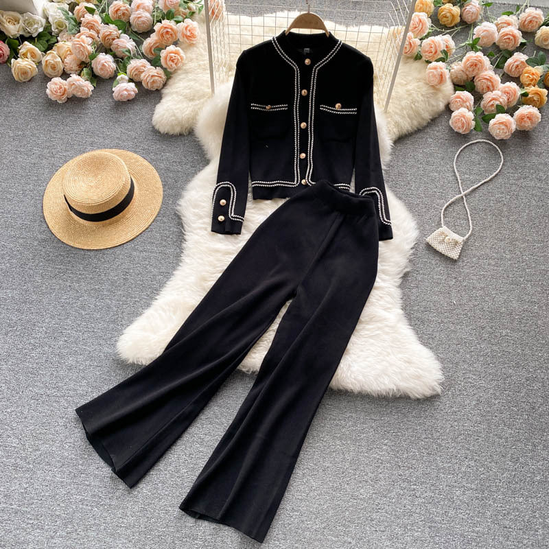 Light mature style knittingsuit women's autumnew arrivalsense of design single breasted cardiganhigh waistslimming lookloose pantstwo-piece set
