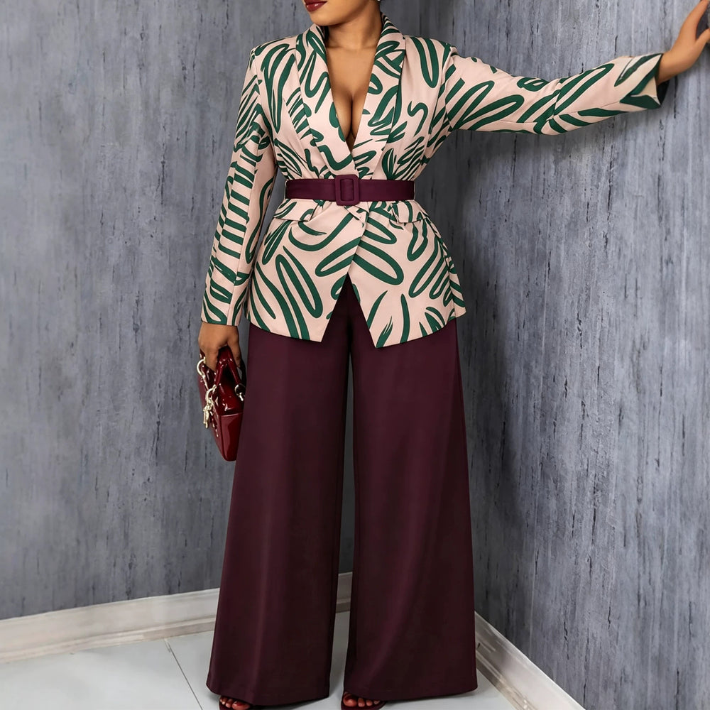 Autumnew arrival waist printing suit outwear high waistslimming look belt easiest for matchstraight-leg pantssuittwo-piece