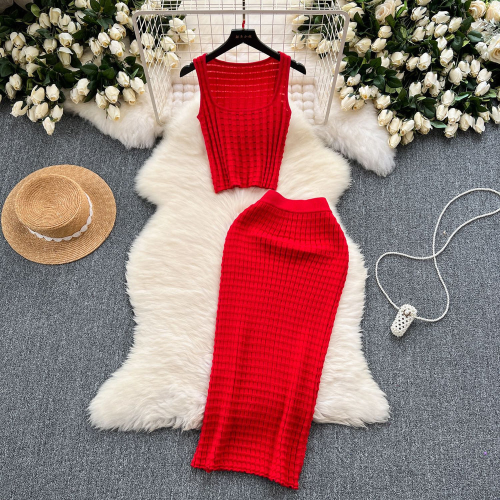 Hong kong style retro hot girl outfit - women's summer cropped tank top & high-waisted midi skirt knit two-piece set