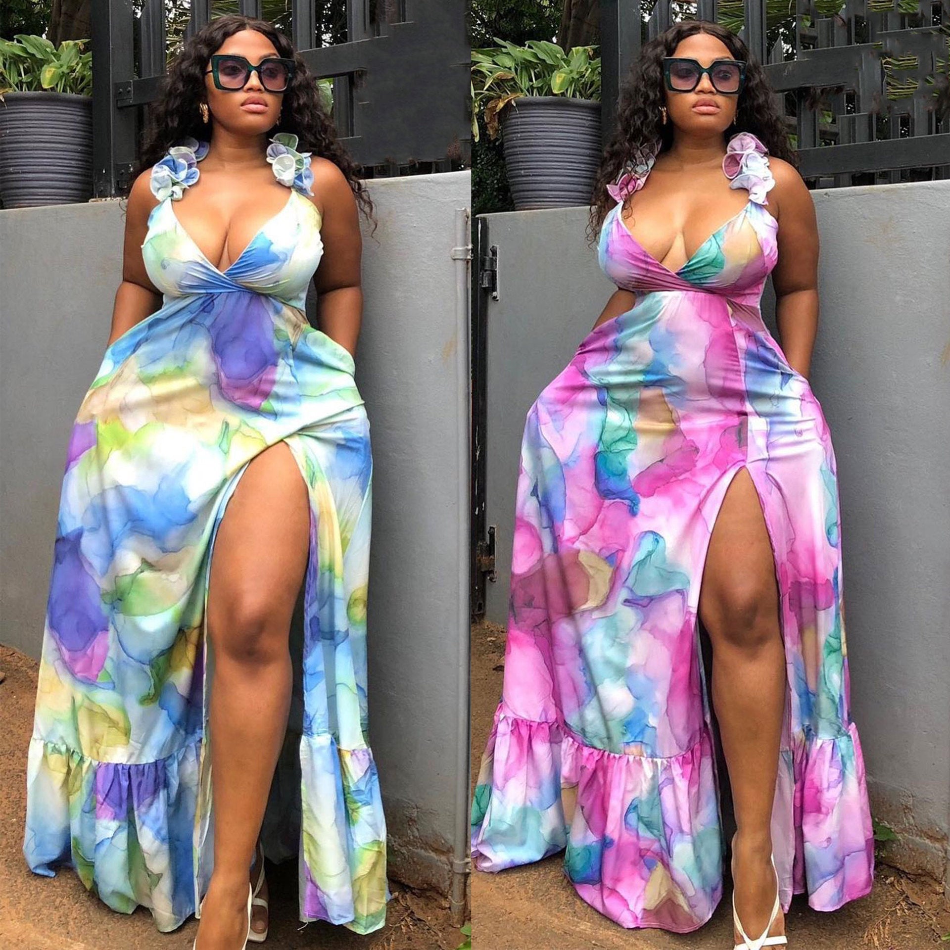 S10498 European, American, sexy, printed large size suspender split dress