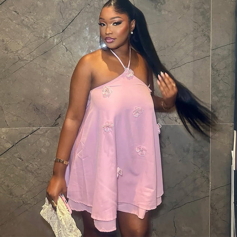 European and american cross-border women's fashion  summer new arrival: elegant halter neck asymmetrical pink camisole dress with 3d floral appliqués