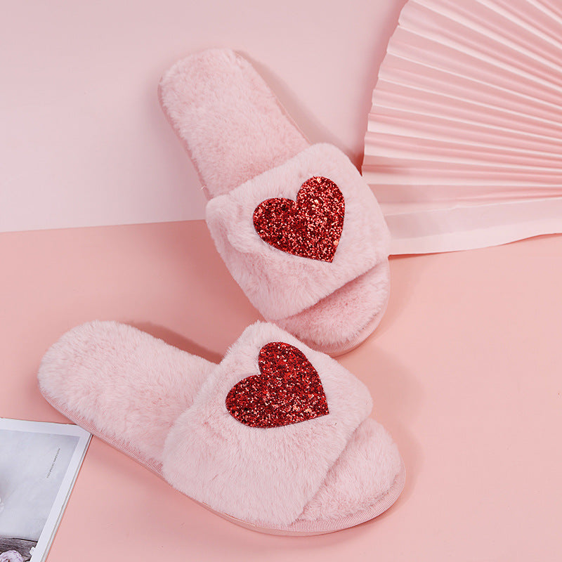 2024new arrival women's plus size fur slippers autumn winter one-piece flat heel open toe popularfashionheattech heart-shaped slippers