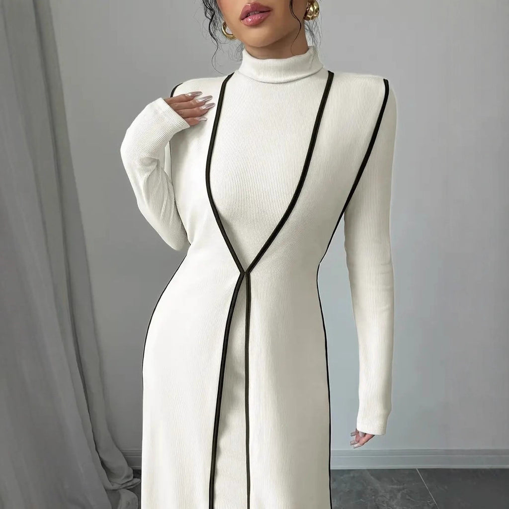 European and American  independent station women's elegant turtleneck contrasting color small pit strip vest long jacket long sleeve dress set