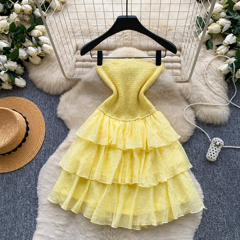 French sweet style bandeau sleeveless dress - women's summer yellow ruffle cake dress - slimming, elegant, petite-friendly