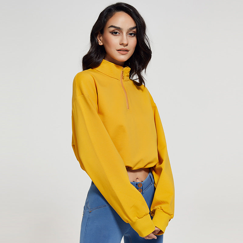 new european and american style stand collar fitness sweatshirt for women - loose fit zipper drawstring long sleeve yoga top t-shirt