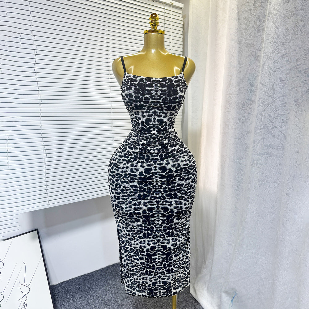 european and american women's clothing  sexy slip dress - cinched waist, bodycon, leopard print, slimming dress