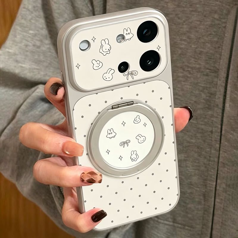 Cartoon polka dot bunny stand compatible iphone 17 case, iphone 16 drop-proof electroplated corning glass case 15
