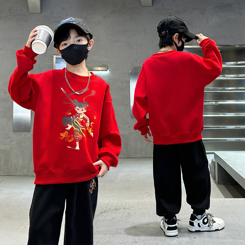 Boys'  cartoon top spring/autumn sweatshirt set - middle to big kids' nezha long-sleeve outfit - crew neck children's clothing - boys' two-piece set