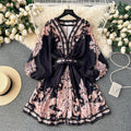 European and american retro court style high-end printed v-neck lantern sleeve cinched waist slimming elegant single-breasted socialite dress