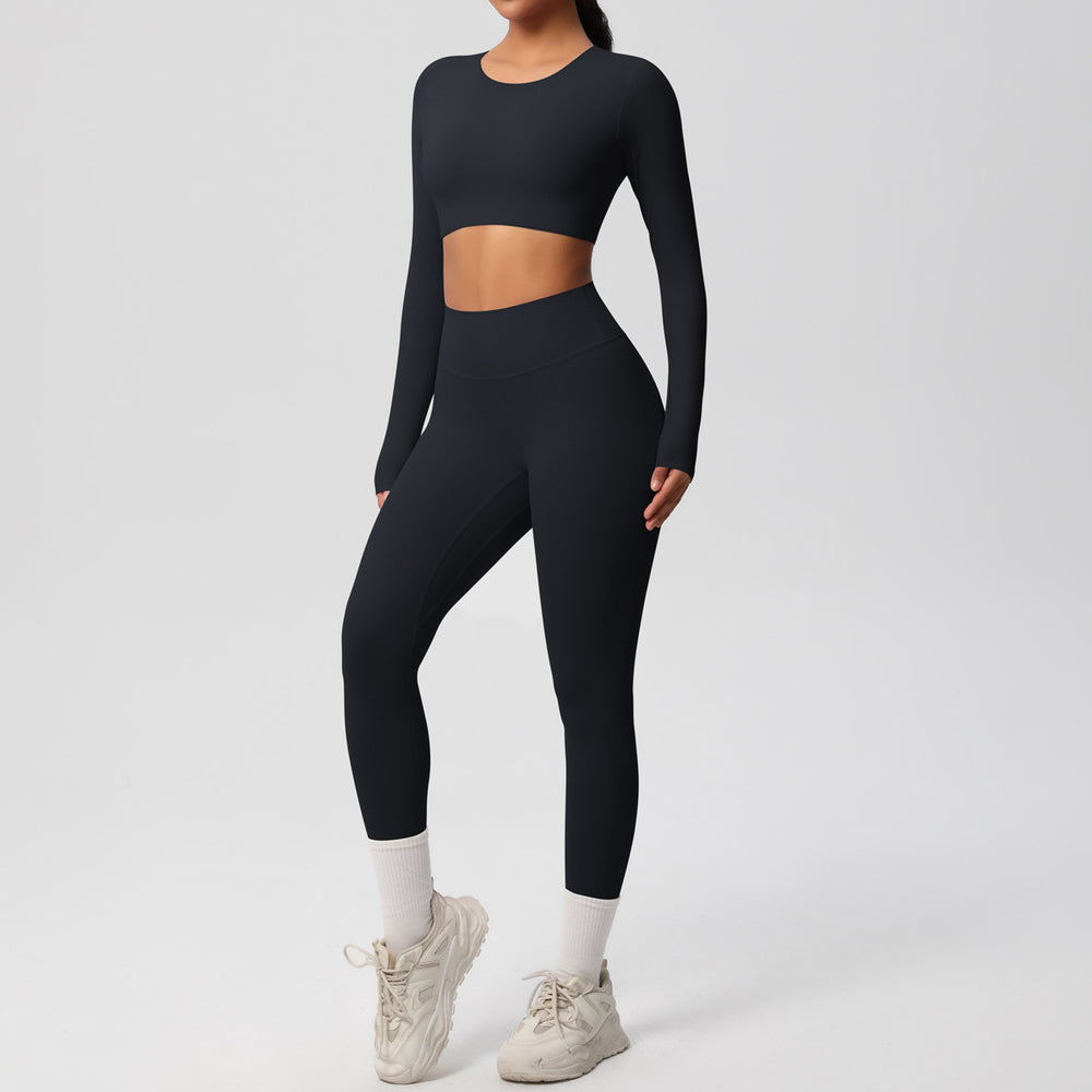 Ready-to-ship, solid-color, double-sided nylon brushed fabric, barely-there feel, form-fitting activewear yoga set for running and fitness, two-piece
