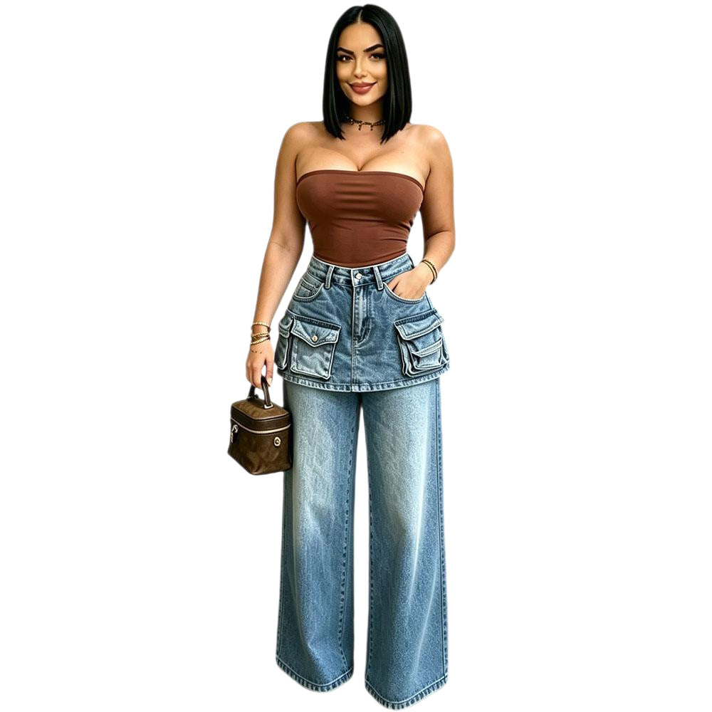 European and american high-waisted wide-leg jeans - new  cross-border women's fashion multi-pocket faux two-piece culottes