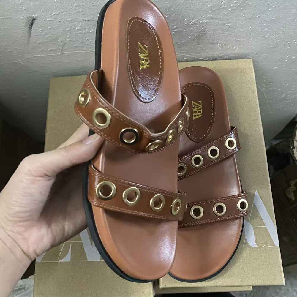 Za2025 new black women's french-style clog sandals with copper buckle detail, chunky sole, open toe, single strap, low heel, and hole design