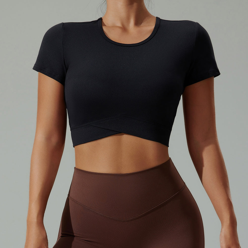 new arrival yoga wear t-shirt women's summersexy navel-baring round neck fitness wear short-sleeved high-elastic breathable sportswear