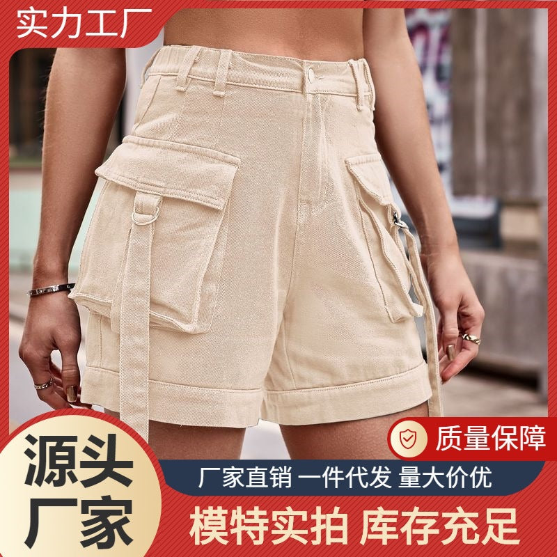 Fashion cross-border foreign trade   new arrival american denim overalls casualflap pocket pants shorts elastic waist women