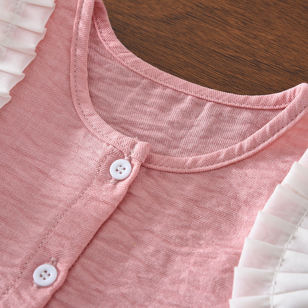Girls' summer outfit set : new, stylish, and chic lace-trimmed babydoll top with wide-leg pants two-piece set for girls