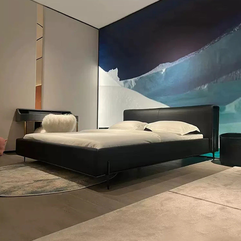 Italian normcore big black cow genuine leather bed classy house master bedroom designer 1.8m double bed soft headboard