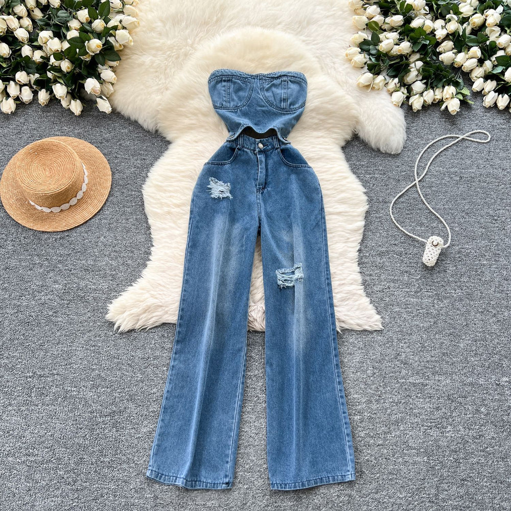 Hong kong style chicpopularnew arrivalsense of design heart cut out sleeveless high waistslimming look ripped casual denim jumpsuit